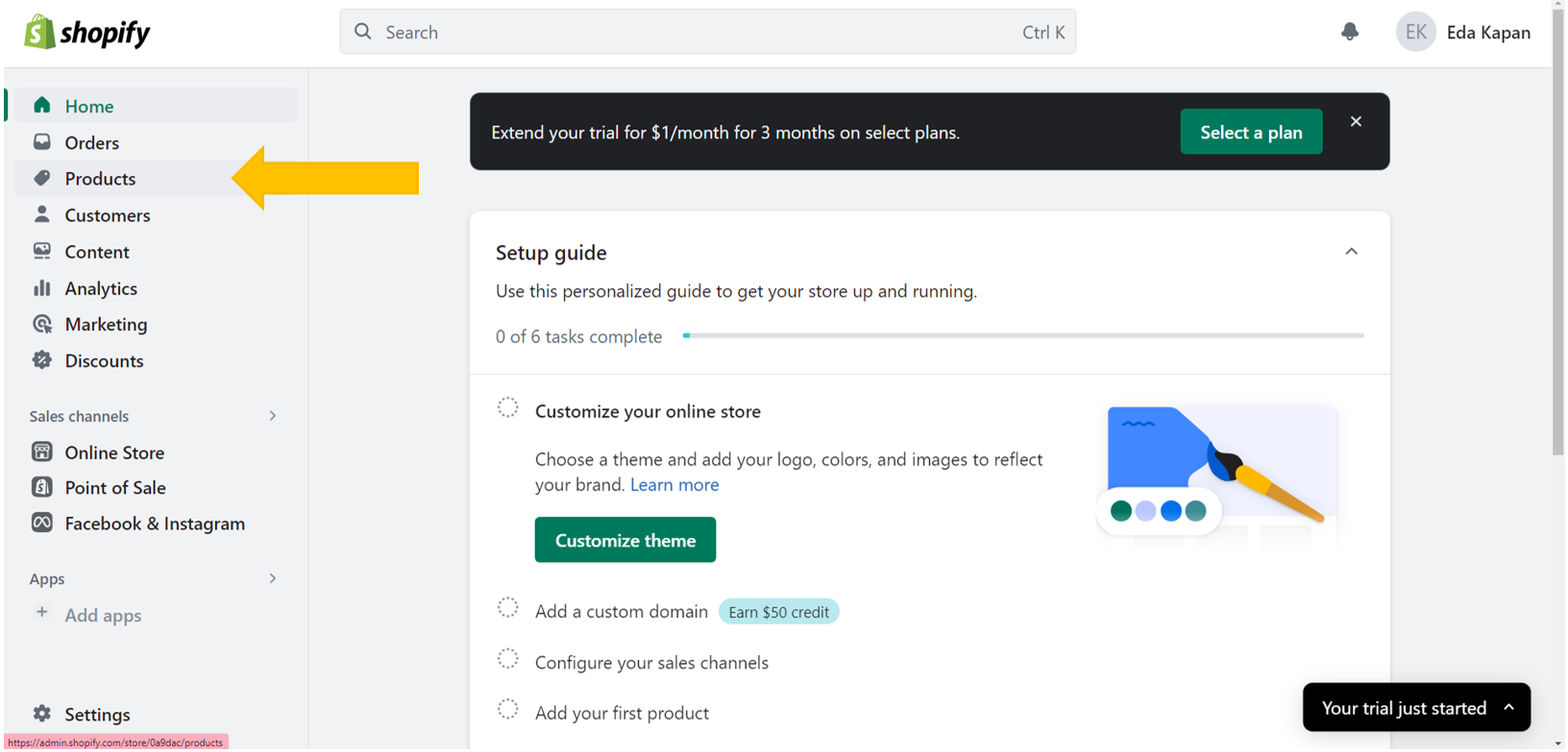 Shopify's admin interface, an e-commerce website builder for clothing stores, displaying home section in admin panel